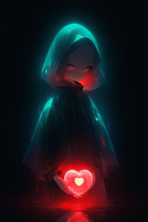 color photo of a girl standing in the depths of pitch darkness, her silhouette barely discernible. Within this abyss, she holds a bright red glowing heart in her hand, cradled high above her head. The radiant glow emanating from the heart illuminates a small area around her, revealing fragments of her surroundings. The contrast between the intense brightness of the heart and the surrounding darkness creates a captivating visual effect. It symbolizes the power of love and resilience, as the girl bravely holds onto this glowing beacon amidst the obscurity. This evocative image invites viewers to contemplate the transformative nature of love, how it has the ability to illuminate even the darkest corners of our lives