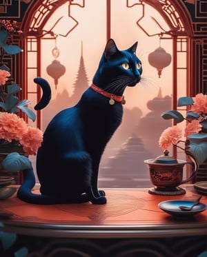 A captivating color photo of a stop-motion video animation inspired by renowned artist Fyodor Rokotov. The enchanting scene, trending on Polycount, features a gracefully laid-back black cat perched atop a table. The 1924-era-inspired animation, with Soviet influences, offers a top-down view of the cat, adding depth and intrigue to the composition. The dancing character exudes nostalgia and whimsy, reflecting Japanese anime style and showcasing the artistry of anime captura techniques. The blend of traditional cel animation and modern technology creates a delightful screensaver for fans of children's animated films and Japanese anime enthusiasts. This magical scene invites viewers of all ages to immerse themselves in the world of animated storytelling through vivid architecture, fashion, and captivating characters., cinematic, conceptual art, painting, vibrant, product, 3d render, photo, dark fantasy, ukiyo-e, graffiti, fashion, illustration, wildlife photography, portrait photography, architecture, anime, poster