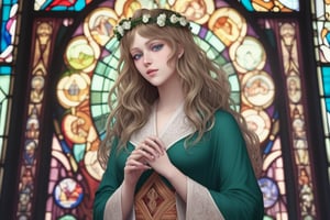 perfect sweet Europian woman with a flower crown on her head| art nouveau stained glass in background|centered| key visual| intricate| highly detailed| breathtaking beauty| precise lineart| hyper realism| comprehensive cinematic| fullbody shot| photorealistic| by Alfons Mucha| high detail| 8k highly detailed face| beautiful blue eyes|  extra long green robe| blonde long luxurious wavy hair| perfect face, 8k -h