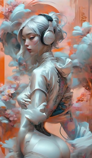 A stunning, vibrant digital drawing of a woman with short grey hair, wearing headphones and a muted-colored bodysuit, inspired by the artistic styles of James Jean, Jeremy Enecio, Ade Santora, and Aloysius O'Kelly. Frost clings to her skin, and she is draped in silk, reminiscent of sun-hyuk Kim's work. The overall aesthetic is a blend of Æon Flux, graffiti, ukiyo-e, painting, photography, and 3D render, creating a dark fantasy, conceptual art piece that combines elements of fashion, architecture, cinematic, wildlife photography, poster, and portrait photography. The woman is trending on Artforum, and the artwork was created by the talented artist, Sun-Hyuk Kim., poster, conceptual art, dark fantasy, cinematic, vibrant, illustration, portrait photography, fashion, anime, painting, product, architecture, photo, 3d render, wildlife photography, graffiti, ukiyo-e