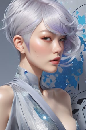 A stunning, vibrant digital drawing of a woman with short grey hair,  and a muted-colored bodysuit, inspired by the artistic styles of James Jean, Jeremy Enecio, Ade Santora, and Aloysius O'Kelly. Frost clings to her skin, and she is draped in silk, reminiscent of sun-hyuk Kim's work. The overall aesthetic is a blend of Æon Flux, graffiti, ukiyo-e, painting, photography, and 3D render, creating a dark fantasy, conceptual art piece that combines elements of fashion, architecture, cinematic, wildlife photography, poster, and portrait photography. The woman is trending on Artforum, and the artwork was created by the talented artist, Sun-Hyuk Kim., poster, conceptual art, dark fantasy, cinematic, vibrant, illustration, portrait photography, fashion, anime, painting, product, architecture, photo, 3d render, wildlife photography, graffiti, ukiyo-e,glitter,art_booster,Pixel art