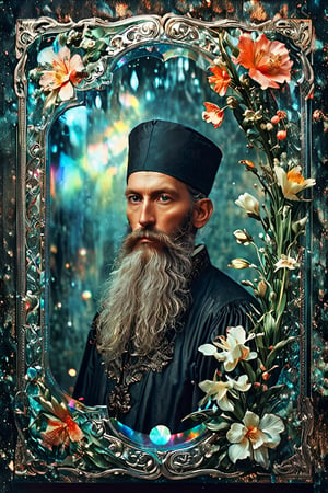 color photo of a translucent holograph card with an ornate border and rounded corners, displaying a captivating black and white photo of a man with a long beard. The photo is influenced by the art nouveau style, showcasing intricate details and flowing lines reminiscent of the period. As light hits the holograph card, silver refractions create an ethereal and otherworldly effect, adding a touch of magic to the composition. The overall aesthetic of the card is reminiscent of an album cover by Serhii Vasylkivsky, a talented artist known for his evocative and symbolic works. The card exudes a sense of mystery and elegance, inviting the viewer to delve into the depths of the image. The influence of Tumblr, with its eclectic mix of visual inspirations, can be seen in the unconventional merging of styles and themes. The Renaissance era serves as a backdrop, infusing the photo with a sense of historical richness and artistic mastery. The collaboration between Nikolay Georgiev, a visionary photographer known for his conceptual and emotive portraits, and Apollinaris Vasnetsov, a renowned painter of Orthodox saints, results in a harmonious blend of contemporary and traditional elements. The image captures the essence of an Orthodox saint, radiating spirituality and wisdom. 