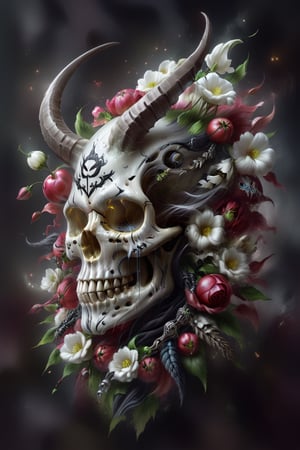 a skull with horns and flowers on its head, by Dave Arredondo, digital art, beautiful art uhd 4 k, detailed airbrush art, god of death, demon samurai, apple skull, digital airbrush painting, 4 0 k, airbrush art, 3 0, artwork, lowres, album art