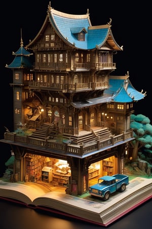 pop-up book where a meticulously crafted  a group of trucks that are parked in front of a building, hayao miyazaki\'s movies, detailed innards, oilpunk, like bebop, ver.ka mecha machinarium, terada, inspired by Edward Sorel, zoomed out to show entire image, website banner, by Takashi Murakami, full width, cut-out emerges from its pages, intricate design, with finely cut tentacles and bright, shimmering eyes, captivates readers, drawing them into the enchanting world of the book,
 ,BookScenic