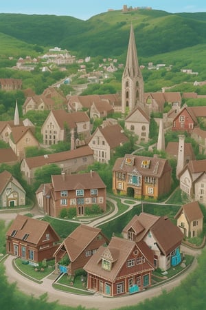 aerial view, village of cute tiny assorted houses, whimsical, fanciful 