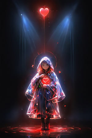 color photo of a maiden, cloaked in darkness, standing within the confines of a dimly lit room. In this mysterious setting, she holds her hand high above her head, cradling a bright red heart. The heart emanates a radiant glow, casting its vibrant hue onto the surroundings. The room, once shrouded in darkness, is now illuminated by the captivating presence of the heart. Its vivid color creates a stark contrast against the somber backdrop, drawing attention to the maiden's gesture and the profound symbolism of the heart. This enchanting image captures a moment of transformative power, where the heart becomes a beacon of light and hope within the darkness. It invites viewers to contemplate the significance of love, resilience, and the potential for illumination even in the most obscure corners of life.