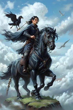 a man riding on the back of a black horse, an illustration of, by Yang J, fantasy art, among the clouds, rhads and lois van baarle, shigenori soejima illustration, high detailed illustration, discworld theme, beautiful young wind spirit, bo xun ling, norman rockwell ross tran, detailed 2d illustration, wanderer, wanderer above the sea of fog