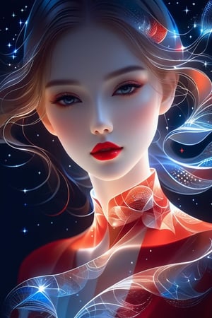 a close up of a woman a red lipstick, "Fractal Starscape" in melted paper style,  minimalist hologram, long hair glowing, line glowing surrounds the body on a simple background,minimalist hologram