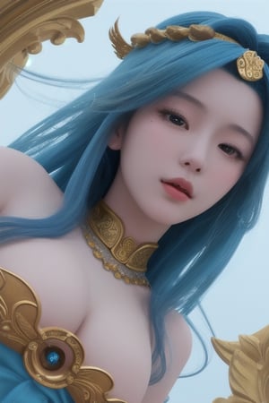 hight quality, ultra realistic, wide angle, a gorgeous young asian goddess with blue hair, praying, bliss, very luminous atmosphere ,from below,1girl