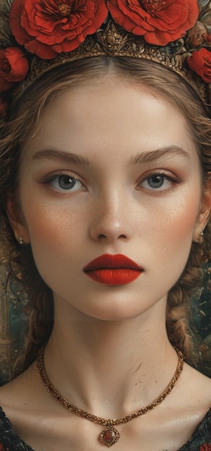 color photo of a mesmerizing close-up of a woman adorned with vibrant red lipstick, a digital artwork that is currently trending on ArtStation. This captivating piece of art is created with meticulous attention to detail, showcasing the artist's skill in capturing the beauty and essence of the subject. The illustration is rendered in a blurred and dreamy style, reminiscent of an airbrush technique, adding an ethereal quality to the portrait. The woman's face is depicted with intricate details, highlighting her unique features and radiating beauty. This stunning artwork serves as a testament to the artist's talent in creating a truly captivating and mesmerizing portrayal of a beautiful woman. Every brushstroke and color choice in this illustration contributes to its overall allure, immersing viewers in a world of beauty and admiration.