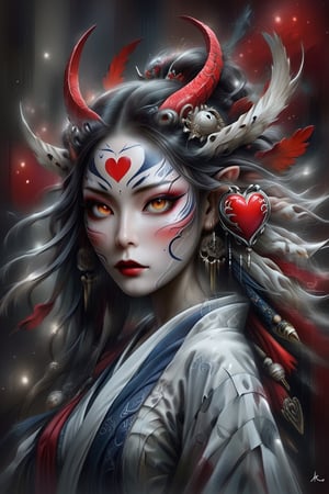 A striking digital art piece featuring a woman with a red heart painted on her face, inspired by the style of Darek Zabrocki. The monochromatic airbrush painting showcases intricate lines and a stunning porcelain face. The character's sexy expression is complemented by the dark fantasy and vibrant graffiti-like background. The overall atmosphere is enhanced by the cinematic lighting, capturing the essence of classic kabuki theater and anime. The w640 resolution and 3D render bring a sense of depth and realism to the illustration, making it a standout piece of conceptual art that blends fashion, architecture, and wildlife photography aesthetics., ukiyo-e, architecture, cinematic, fashion, conceptual art, anime, portrait photography, wildlife photography, poster, vibrant, painting, graffiti, photo, product, dark fantasy, 3d render, illustration