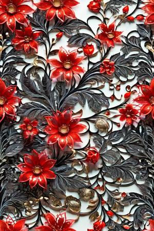 a black lace with red flowers on it, a digital rendering by Mario Dubsky, shutterstock contest winner, art nouveau, floral lacework, ornate flowers, black and red colors,shards,BugCraft,Close-up Pussy,glitter