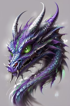 a drawing of a dark-purple dragon with green eyes, beautiful brush stroke rendering, airbrush painting, trademarks and symbols, detailed character portrait, illustartion, hyper-detailed masterpiece, blue and white colour scheme, app