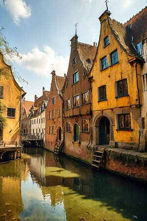 color photo of a captivating medieval Dutch village, reminiscent of the landscapes immortalized by the three most famous Dutch painters. This enchanting scene transports viewers back in time, immersing them in the rich history and artistic heritage of the Netherlands. The village exudes a sense of old-world charm, with its cobblestone streets, half-timbered houses, and towering church spires. The color palette chosen for the photo reflects the earthy tones and muted hues commonly found in Dutch paintings of the era, evoking a sense of nostalgia and timelessness. As one explores the village, the influence of the three most famous Dutch painters becomes evident. Johannes Vermeer's attention to detail is reflected in the meticulously crafted facades and intricate architectural elements, while Rembrandt's mastery of light and shadow can be seen in the dramatic play of sunlight on the village's ancient walls. Finally, Pieter Bruegel the Elder's skill in capturing the essence of rural life is showcased in the bustling market square and the lively scenes of villagers going about their daily activities. This captivating photo invites viewers to step into the past and appreciate the artistic legacy of these renowned painters, allowing them to experience the beauty and charm of a medieval Dutch village through the eyes of these masters. Whether admired for its historical accuracy, its ability to evoke a sense of nostalgia and cultural pride, or its representation of a bygone era, this enchanting photo stands as a testament to the enduring impact of these three iconic Dutch painters