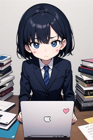 Stickers sheet, a cute cartoon, a boy dressed in a business suit, with tired but determined eyes, surrounded by stacks of work or holding a laptop, signifying an intense dedication to work ,1GIRL TSUKINO_MITO