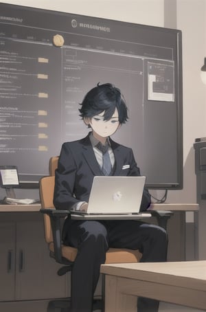 A boy has an intense and focused expression and deep concentration. He dresses in a business suit, with a laptop for a digital worker, sitting in an attentive posture, Surround him with dynamic motion lines, including props like a checklist, clock, or calendar, to illustrate their focus on meeting deadlines and achieving goals,  Incorporate thought or speech bubbles with relevant work-related emoticons such as checkmarks, lightbulbs, or gears.