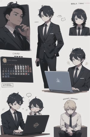 Stickers sheet, cute cartoon, A boy has an intense and focused expression and deep concentration speech bubbles with props like a checklist, clock, or calendar. He dresses in a business suit, with a laptop for a digital worker, sitting in an attentive posture on, white background