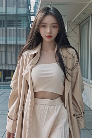 (masterpiece, best quality, highres:1.1, photorealistic:1.2), Korean girl K-pop idol, long hair, instagram model, 50mm, flash photography, real life, cute face, tight thin form fitting crop top emphasizing her large bust and pencil skirt, ultra resolution image, (realistic, realistic skin texture:1.2), a 20 yo woman, long hair, dark theme, soothing tones, muted colors, high contrast, (natural skin texture, hyperrealism, soft light, sharp), outdoors, trench coat, ,4ngel,m4ri3,mikumonmon_48,vonnyfelicia,1girl,b3rli,,<lora:659111690174031528:1.0>