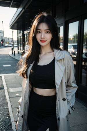 (masterpiece, best quality, highres), Korean girl K-pop idol, long hair, instagram model, 50mm, flash photography, real life, cute face, tight thin form fitting crop top emphasizing her large bust and pencil skirt, ultra resolution image, (realistic, realistic skin texture:1.2), a 20 yo woman, long hair, dark theme, soothing tones, muted colors, high contrast, (natural skin texture, hyperrealism, soft light, sharp), outdoors, trench coat, ,4ngel,m4ri3,mikumonmon_48,vonnyfelicia,1girl,Young beauty spirit 