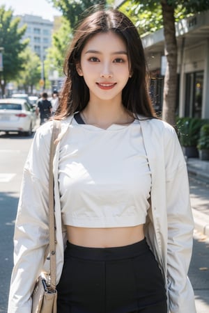 (masterpiece, best quality, highres), Korean girl K-pop idol, long hair, instagram model, 50mm, flash photography, real life, cute face, tight thin form fitting crop top emphasizing her large bust and pencil skirt, ultra resolution image, (realistic, realistic skin texture:1.2), a 20 yo woman, long hair, dark theme, soothing tones, muted colors, high contrast, (natural skin texture, hyperrealism, soft light, sharp), outdoors, trench coat, ,4ngel,m4ri3,mikumonmon_48,vonnyfelicia,1girl,Young beauty spirit 