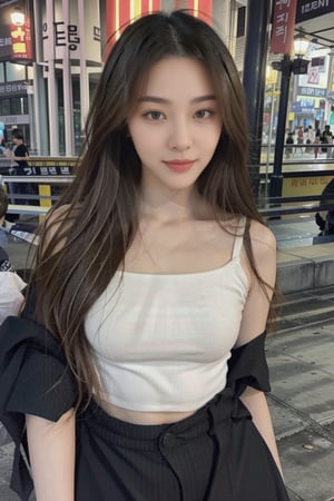 (intimate photo), 1girl,  busty slender Korean girl K-pop idol, long hair,  instagram model,  50mm, flash photography,  real life, cute face, tight thin form fitting crop top emphasizing her large bust and pencil skirt , in Seoul city, at night, tight waist ,1girl,eungirl,chinatsumura,4ngel,twic_e0523,b3rli,m4ri3,vonnyfelicia,s4str0,hk_girl,,<lora:659111690174031528:1.0>