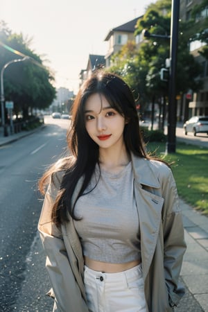 (masterpiece, best quality, highres), Korean girl K-pop idol, long hair, instagram model, 50mm, flash photography, real life, cute face, tight thin form fitting crop top emphasizing her large bust and pencil skirt, ultra resolution image, (realistic, realistic skin texture:1.2), a 20 yo woman, long hair, dark theme, soothing tones, muted colors, high contrast, (natural skin texture, hyperrealism, soft light, sharp), outdoors, trench coat, ,4ngel,m4ri3,mikumonmon_48,vonnyfelicia,1girl,Young beauty spirit 