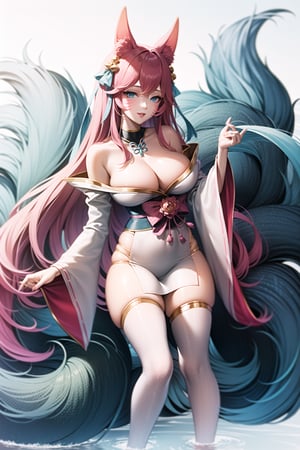 ahri, ahri_\(league_of_legends\), 1girl, absurdres, animal_ears, black_hair, breasts, detached_sleeves, distr, facial_mark, fox_ears, fox_tail, hand_up, highres, large_breasts, league_of_legends, long_hair, long_sleeves, looking_at_viewer, magic, multiple_tails, orange_eyes, parted_lips, solo, standing, standing_on_one_leg, tail