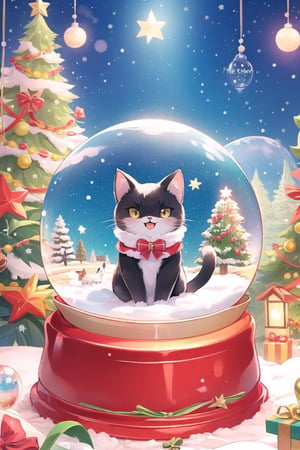 cat, black cat, cute, happy,Christmas Room,Snow Globe