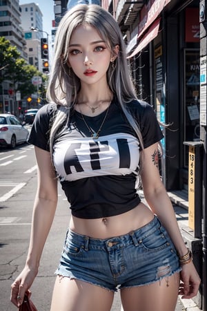 photorealistic, high resolution, 1women, mature female, solo, hips up, jewelry, tattoo, street wear, t-shirt, white hair, shorts, make up, red lips, girl