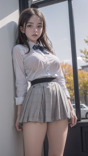 1girl, school uniform, pouting, ((nsfw)),((big natural breasts)),cammel toe, ((upskirt)), small frame, narrow_waist, wide hips, ((caucasian)),((scandinavian)),((15 years))