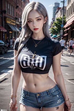 photorealistic, high resolution, 1women, mature female, solo, hips up, jewelry, tattoo, street wear, t-shirt, white hair, shorts, make up, red lips, girl