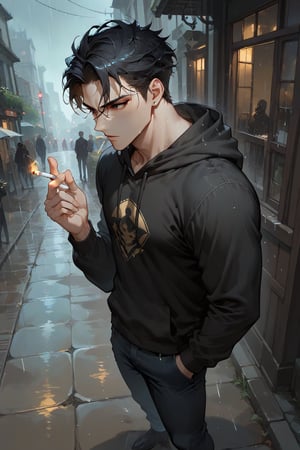 score_9,score_8_up,score_7_up,source_anime,(long eyelashes,soft lips),BREAK
male,solo,full body,standing,holding cigarette,from side,from above
,black hair,black eyes ,frowning eyebrows,[golden lines],
sleevless, black hoodie , black jeans,
,defined shoulders ,defined biceps,
(outdoors , rainy city),Expressiveh,concept art,dark theme