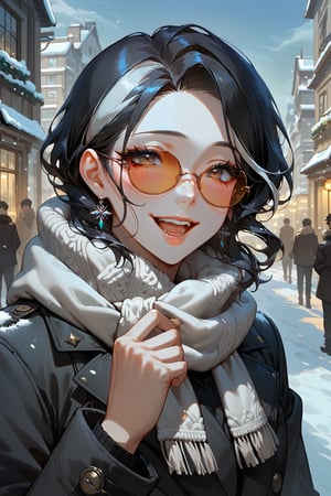 score_9,score_8_up,score_7_up,source_anime,(long eyelashes,soft lips),BREAK 1boy , solo, upper body, portrait, fingers together,open mouth,circle blush , smile , happy , teeth,
Dark hair ,streaked hair , rectangular sunglasses ,winter clothes ,  scarf ,
(City background, buildings, people in the background),Expressiveh,concept art,dark theme,