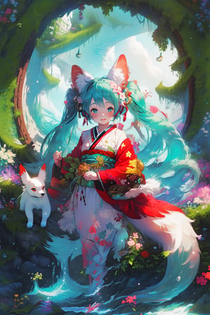 1girl, hatsune miku, fox ears, fox tail, kimono, 