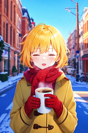 1girl, solo, scarf, holding, cup, gloves, coffee cup, holding cup, disposable cup, upper body, blurry, short hair, half-closed eyes, long sleeves, blurry background, sweater, winter clothes, bangs, coat, blonde hair, brown gloves, red scarf, twitter username, outdoors, breath