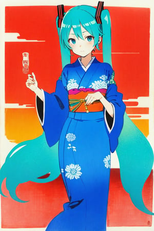 ohara koson, traditional media, ukiyo-e, 1girl, hatsune miku, yukata, traditional media, polychrome