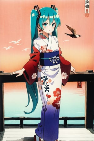 ohara koson, traditional media, ukiyo-e, 1girl, hatsune miku, yukata with bird print, traditional media