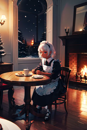 secelia dote,1girls,solo,looking at viewer, dark skin, dark-skinned female, white hair, maid uniform, indoors castle, fireplace, table, plates, wooden floor, window, snowing, night, 