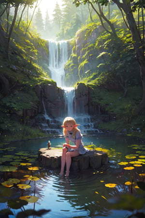 (best quality, masterpiece), 1girl, sitting, elf, pond, in water, deep forest, waterfall, looking away, blurry background, 