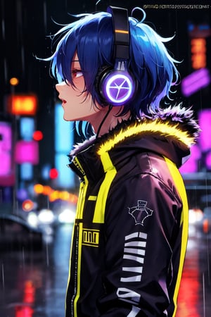 blacklight, solo, male focus, headphones, 1boy, rain, long sleeves, fur trim, web address, blurry, upper body, hair over eyes, profile, jacket, from side, artist name, closed mouth, short hair
