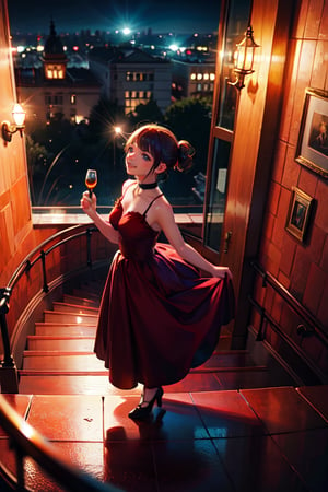 from above, looking up, spinning, smile, 1girl. red dress. ball, fancy, party, roman architecture, indoors, stairs, fountain, dancing, champaing glass, hairbun, hair ornament, smile, standing, full body, night, garterbelt, choker,