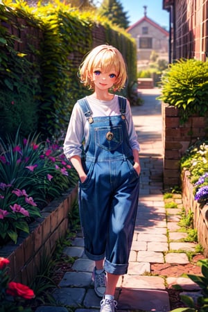 1girl,cute,26 yrs old,blonde short hairs,wearing dungaree,sneakers,smiling,casual dress,full body,most beautiful girl,white,hands in pocket,3d,8k,highly detailed,best quality,high resolution,masterpiece,cinematic lighting,studio,cute face,detailed face,garden,trees in background
