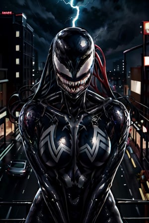 Venom, facial portrait, On top  of the building, streets below, cars driving, crowds walking, cloudy sky, lightning , venom, symbiote