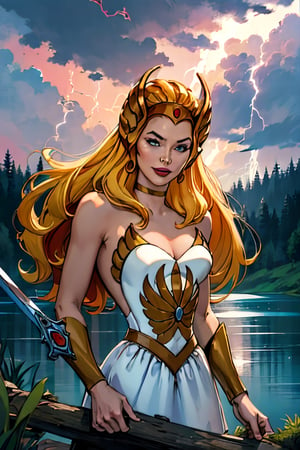 she-ra, naked, facial portrait, sexy stare, smirked, on top of  hill, looking down forest, lake, cloudy sky, lightning, holding her sword of power, butt shot 