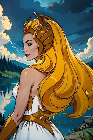 she-ra, facial portrait, sexy stare, smirked, from behind, on top of  hill, looking down forest, lake, dragons flying around, cloudy sky, lightning 