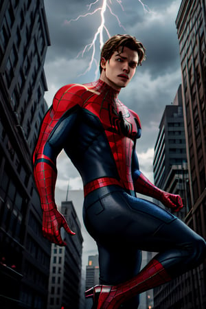 Spider-Man, facial portrait, swinging through the buildings, streets below, cars driving, crowds walking, cloudy sky, lightning ,spider-man costume