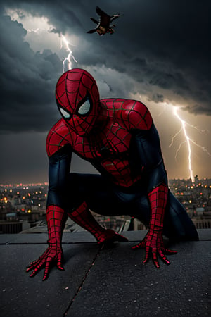 Photorealistic, Spider-Man, facial portrait, on top of building, city below, cloudy sky, lightning, birds flying around, planes, 