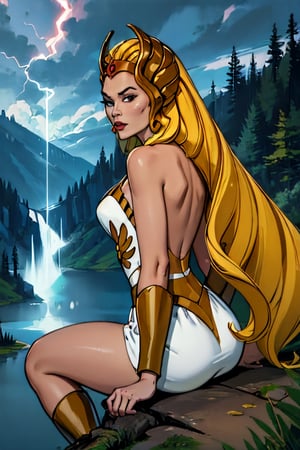 she-ra, naked, facial portrait, sexy stare, anal portrait, Spreading legs, on top of  hill, looking down forest, lake, cloudy sky, lightning, holding her sword of power, from behind 