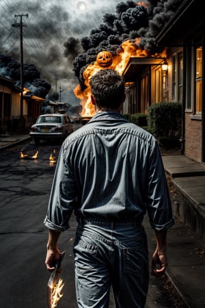 Michael Myers, facial  portrait, blue overall, walking through the sidewalk, small town, streets burning, light pumpkins though out the street, cloudy sky, lightning, full moon, butchers knife on one hand, from behind 