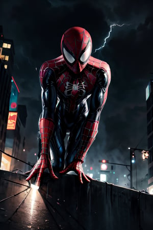 Spider-Man, black costume, facial portrait, crouched, On top  of the building, streets below, cars driving, crowds walking, cloudy sky, lightning , venom